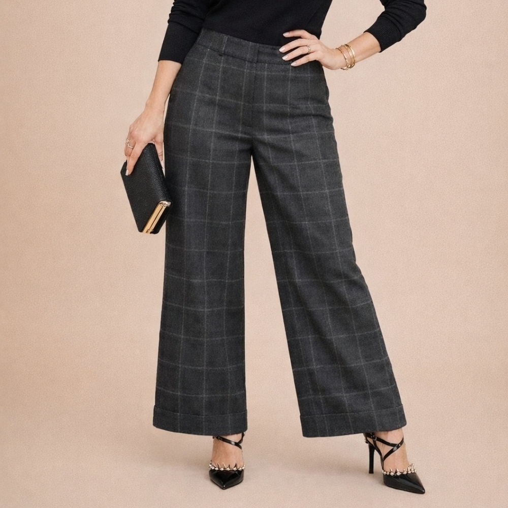 Kate Hill | Plaid Wide Leg Trousers | Petite | 10P | Career Pants